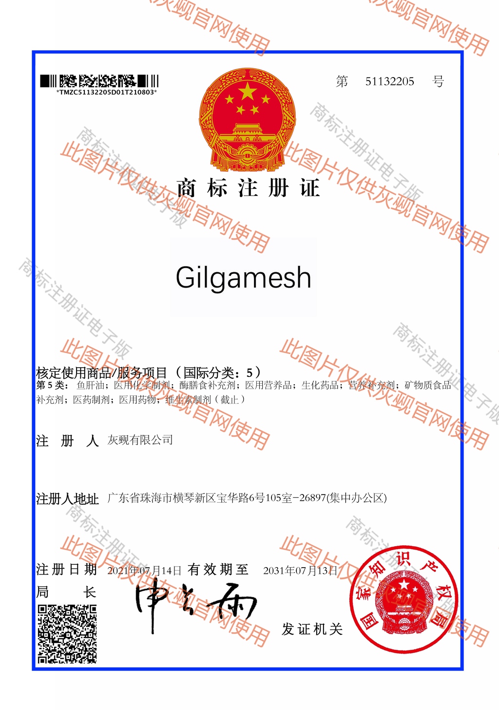 灰觋有限公司 Gilgamesh 9类51132205注册证.jpg